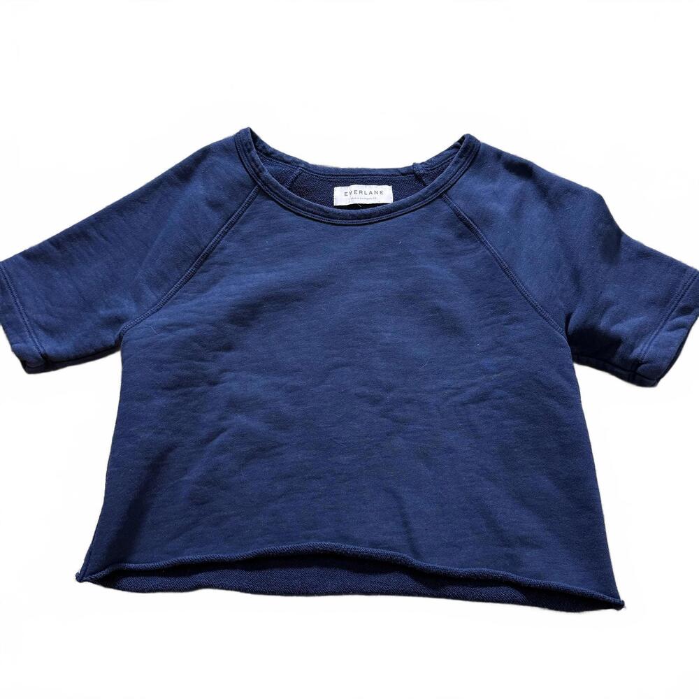EVERLANE Womens SZ S Cropped Short Sleeve Raglan‎ Crew Sweatshirt Navy Preppy